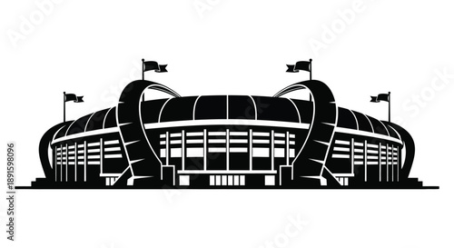 A stylized black and white illustration of a large sports stadium