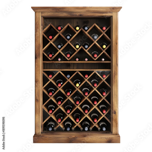 A wooden wine rack with wine bottles and a glass of wine on a white background.