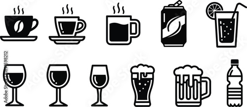 A collection of various beverage icons including coffee tea soda cocktails wine beer and liquor