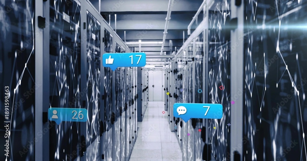 Fototapeta premium Leading aisle drawing eye to access door at data center, with reflective racks, LEDs, UI bubbles