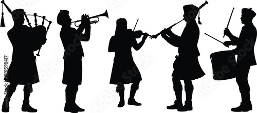 Scottish, Band, Music, Bagpipe, Piper, Drummer, Silhouette, Traditional, Celtic, Folk, Parade, Festival, Performance, Musician, Vector, Black, Isolated, Culture, Heritage, Illustration