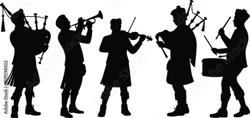 Scottish traditional musicians silhouette playing bagpipes violin trumpet and drum