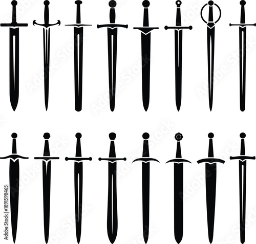 Sword, Dagger, Blade, Weapon, Medieval, Knight, Steel, Combat, Warfare, Armor, Silhouette, Vintage, Ancient, Sharp, Cutlass, Rapier, Sabre, Icon, Vector, Black