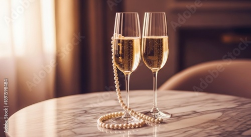 Two champagne flutes on a marble table with a pearl necklace, warm lighting