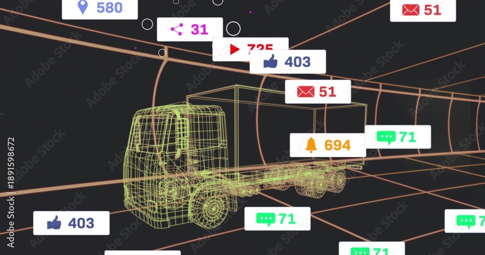 Fototapeta premium Showing neon wireframe box truck on orange tunnel grid, displaying notification badges, copy space