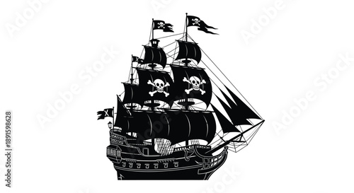 A black and white illustration of a pirate ship with skull flags