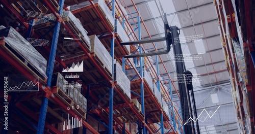 Reaching forklift mast and pallet racking working in warehouse aisle, with pallets, data overlays