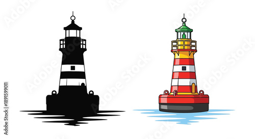 Two lighthouse illustrations one monochrome one colorful both on water
