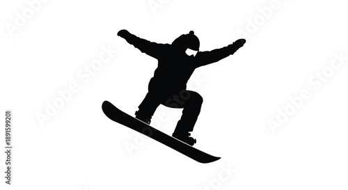 Silhouette of a snowboarder mid air performing a trick on a white background