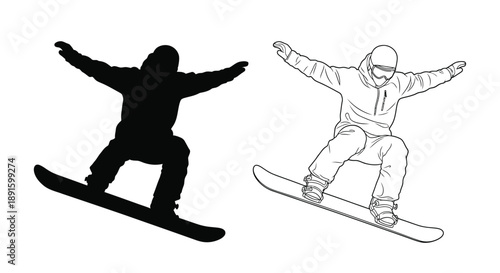 Snowboarder illustration a solid silhouette and a line drawing version