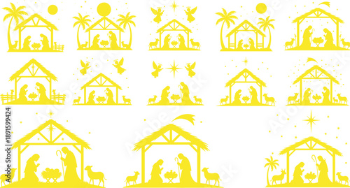 Yellow nativity silhouettes with baby Jesus, Mary, Joseph, angels, animals, Bethlehem star, Christmas religious scene collection design, festive art, flat vector