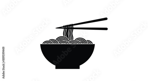 A black and white illustration of ramen noodles in a bowl with chopsticks
