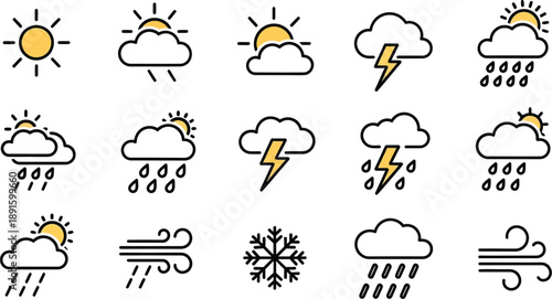 Weather icons set with various conditions and symbols