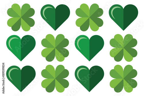 Green heart and shamrock icons pattern set, seamless vector background for Saint Patricks Day crafts, card design, textile print, decoration.