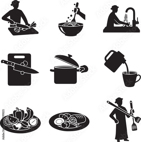 Chef Cooking Kitchen Activities Icon Collection Black and White Silhouettes