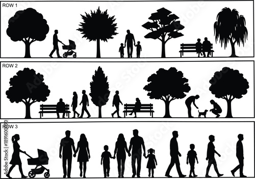 Park life silhouettes collection, people walking with families, trees benches strollers dogs, urban outdoor scene vector illustration, isolated black white