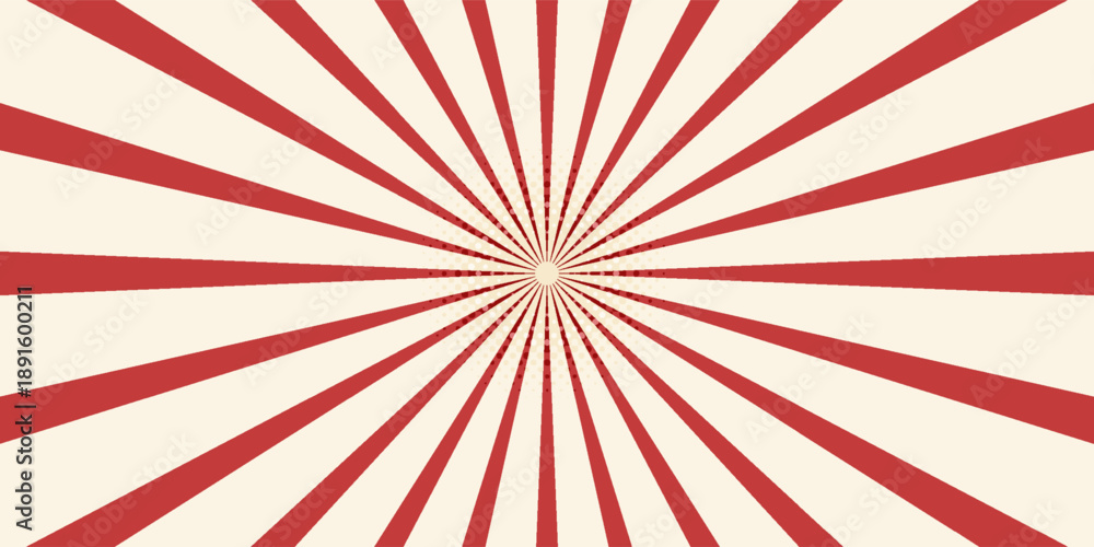 Fototapeta premium Red sunburst lines on yellow Background. Light sun rays pattern. Vintage stripes halftone radial wallpaper for poster, banner, advertising backdrop, comic or circus scene.