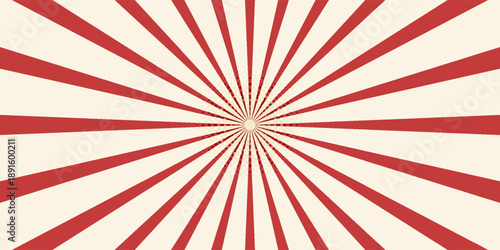 Red sunburst lines on yellow Background. Light sun rays pattern. Vintage stripes halftone radial wallpaper for poster, banner, advertising backdrop, comic or circus scene.