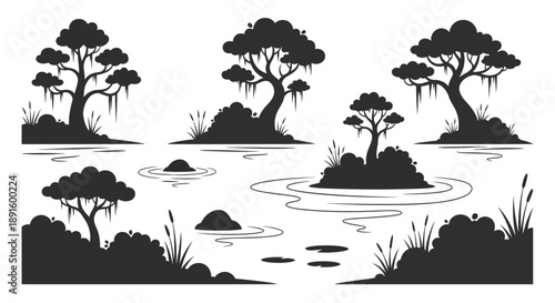 Black and white illustration of trees in a swampy landscape with water ripples