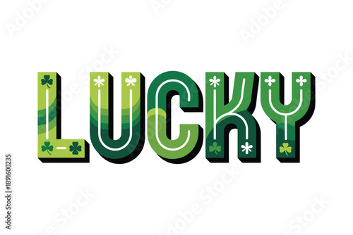 Lucky 3d effect text with plaid and sparkle texture, vector typography for Saint Patricks Day shirt, party poster, printable design.