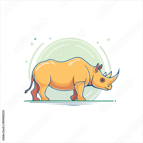 A vibrant rhinoceros illustration in a profile view surrounded by a circular design