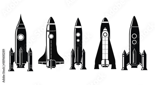 A collection of five black silhouette rockets varying in design