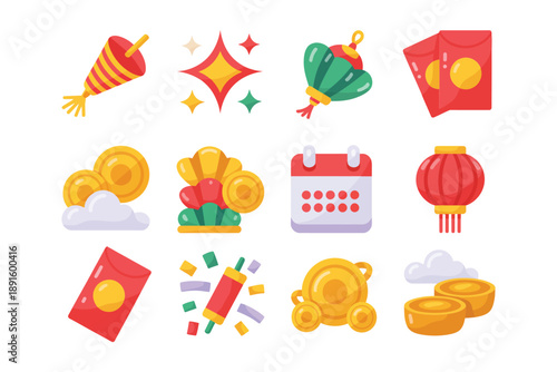 Lunar New Year flat icon set, red envelope, fish, lantern, firecracker, tangerines, gold ingot, vector illustration for app, website presentation.