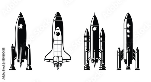 Four black silhouettes of space shuttles and rockets in a row
