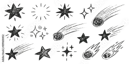 Hand-drawn chalky starbursts and shooting meteorites collection, simple doodle elements for cosmic or festive design