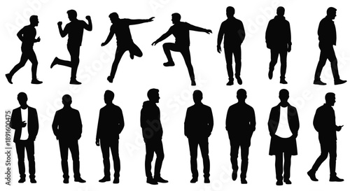 Silhouettes of people in various dynamic and static poses