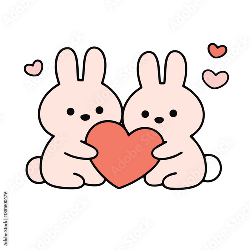 Two cute cartoon rabbits holding red heart, surrounded by small pink and red hearts, on white