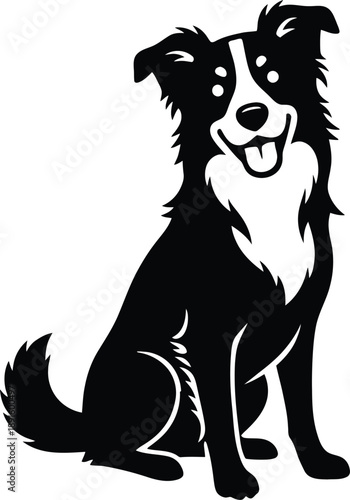 A happy black and white border collie dog illustration sitting playfully with a wagging tail