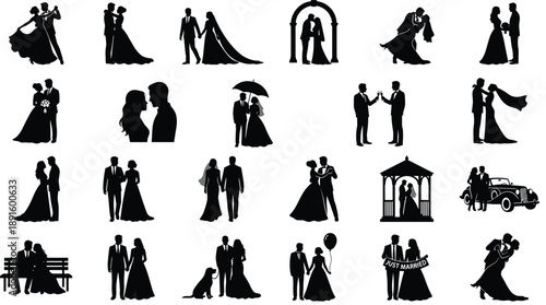 Wedding couple silhouettes collection, bride groom romantic poses illustration, marriage love ceremony scenes, elegant black vector icons isolated background design