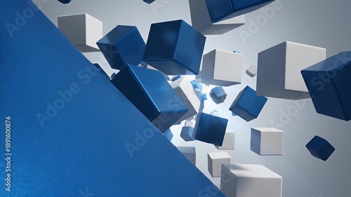 Floating Blue and White Cubes - A dynamic arrangement of blue and white 3D cubes appears to float in mid-air against a soft, gradient background.