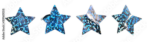 Blue and Silver Glitter Star Stickers with Light Reflection and Surface Imperfections