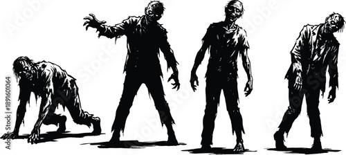 Zombie evolution silhouettes, undead walking stages illustration, horror apocalypse characters isolated on white background, spooky infection concept artwork vector illustration