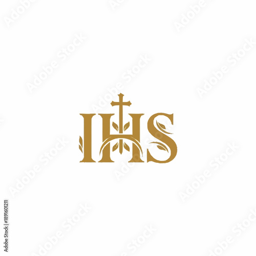 IHS Monogram with Cross and Laurel Leaves.