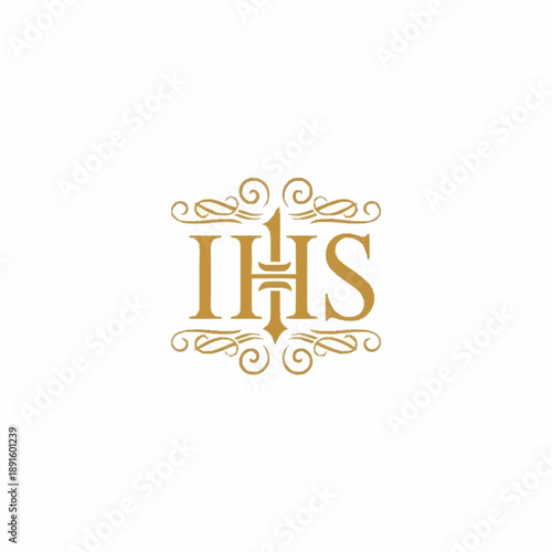 IHS monogram with ornate golden flourishes and religious symbolism.