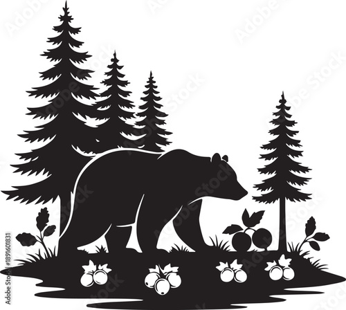 Black silhouette of a bear walking through a forest with berries trees pine trees des
