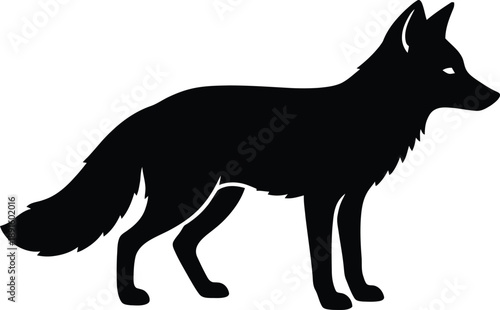 Sleek black fox silhouette with piercing eyes standing against a stark white background