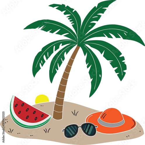 Summer Beach Vacation Essentials: Palm Tree, Watermelon, Sunglasses, Hat