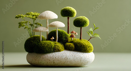 Komposisi still life batu putih bergaya zen yang disusun seimbang dengan lumut hijau, tanaman kecil, dan jamur di atas permukaan netral dengan latar belakang hijau lembut. Konsep ketenangan, keseimban