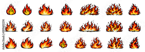 A collection of hand-drawn cartoon fire and flame illustrations in various shapes, perfect for icons, graphics, and animations.