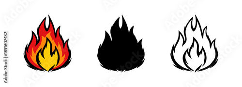 Set of three fire flame icons in color, silhouette, and outline styles. Hand-drawn brush stroke effect isolated on white.