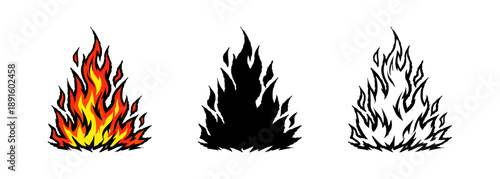 Set of fire and flame illustrations in three styles: color, black silhouette, and line art outline on a white background.