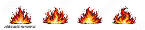 Set of four hand-drawn fire flame illustrations in a comic book style, isolated on a white background.