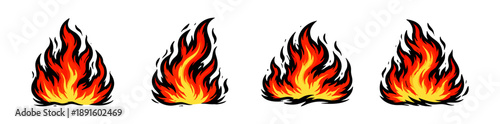Collection of four vibrant hand-drawn fire flame illustrations with bold outlines and bright colors, ideal for graphic design and creative projects.
