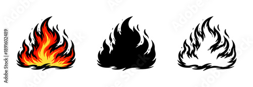 Stylized fire flame icons set in color, silhouette, and outline versions. Hand-drawn comic style fire elements isolated on white background.
