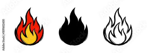 Set of hand-drawn fire flame icons in color, solid silhouette, and outline styles. Ideal for logos, stickers, and creative projects.