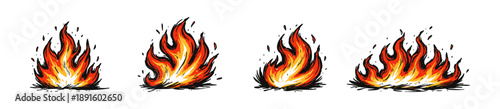 A collection of four stylized fire flame illustrations in a comic book sketch style, perfect for cartoon designs, icons, and graphic art.
